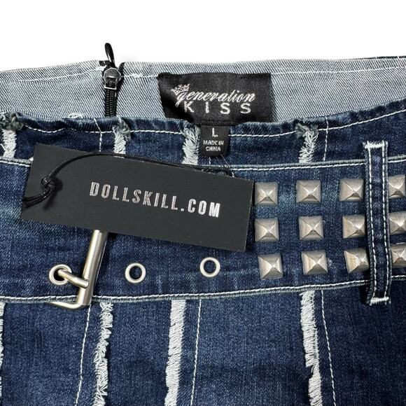 Dollskill Generation Kiss Denim Mini Skort Y2K Baddie NWT Studs Belt Sz L Club - Picture 3 of 6